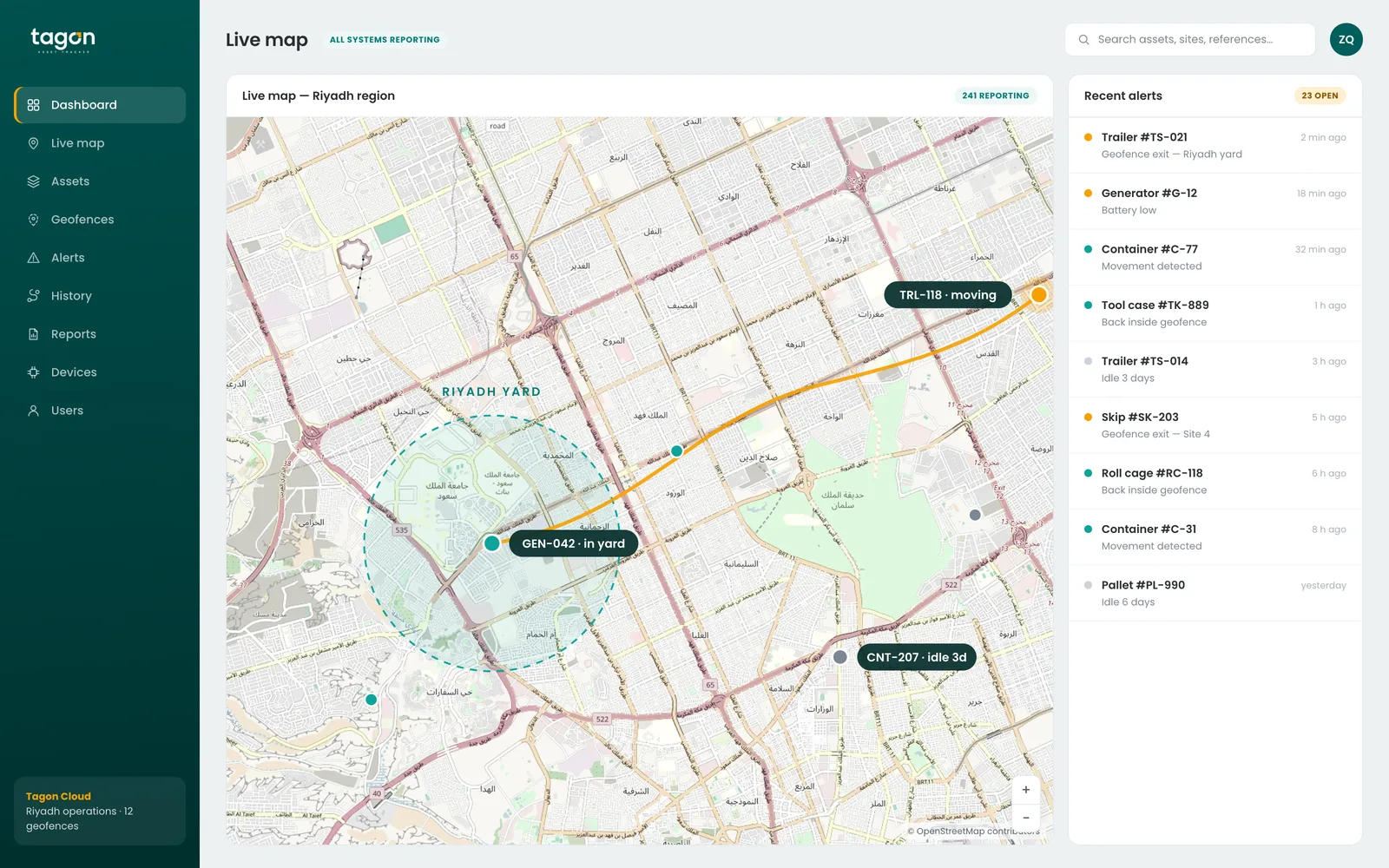 The Tagon Cloud live map: a geo-fenced Riyadh yard, a moving trailer on an orange route, and the recent alerts panel